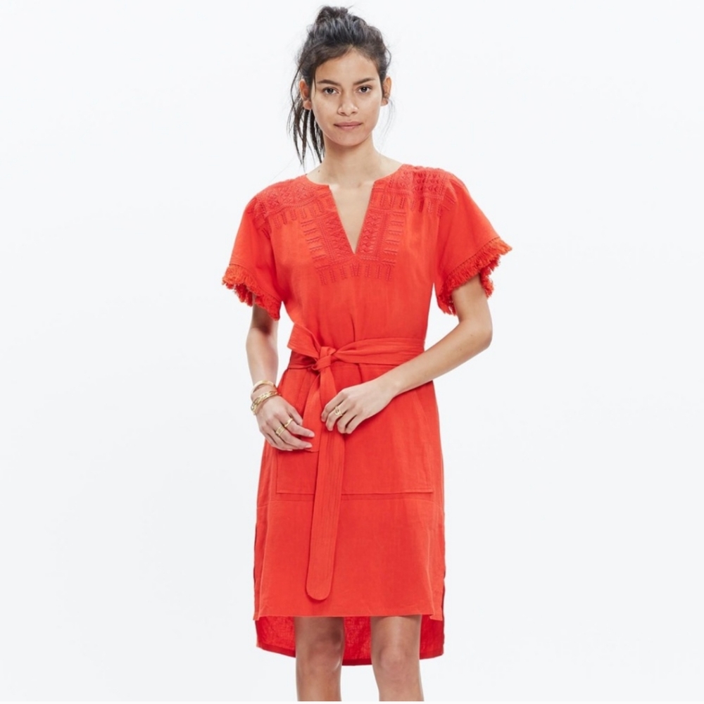 Madewell Bright Red Belted V-Neck Dress